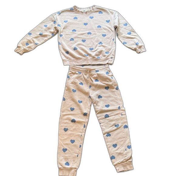 H&M Kids Heart Print Sweatshirt & Joggers Set - Cream and Blue. Size 9/10 - Picture 1 of 9